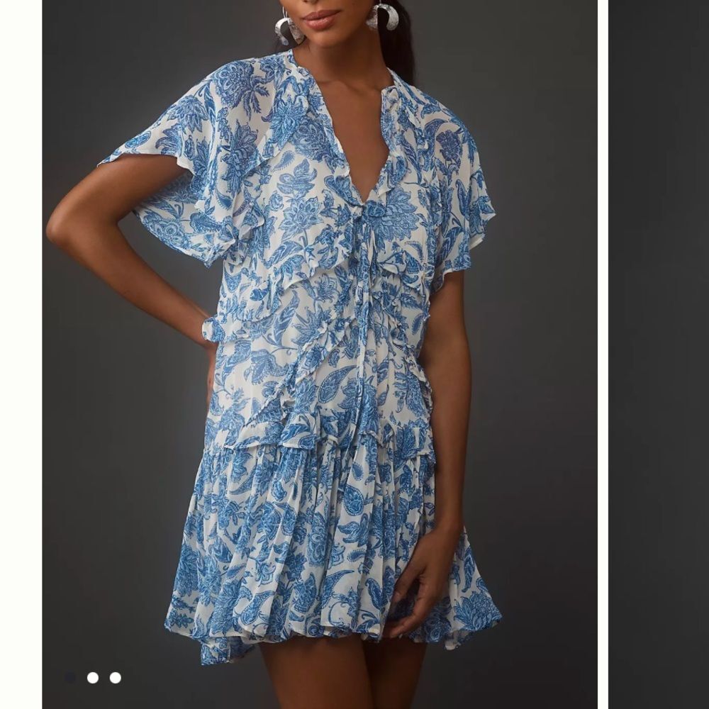 Mauve Blue & White Floral Ruffle Mini Dress